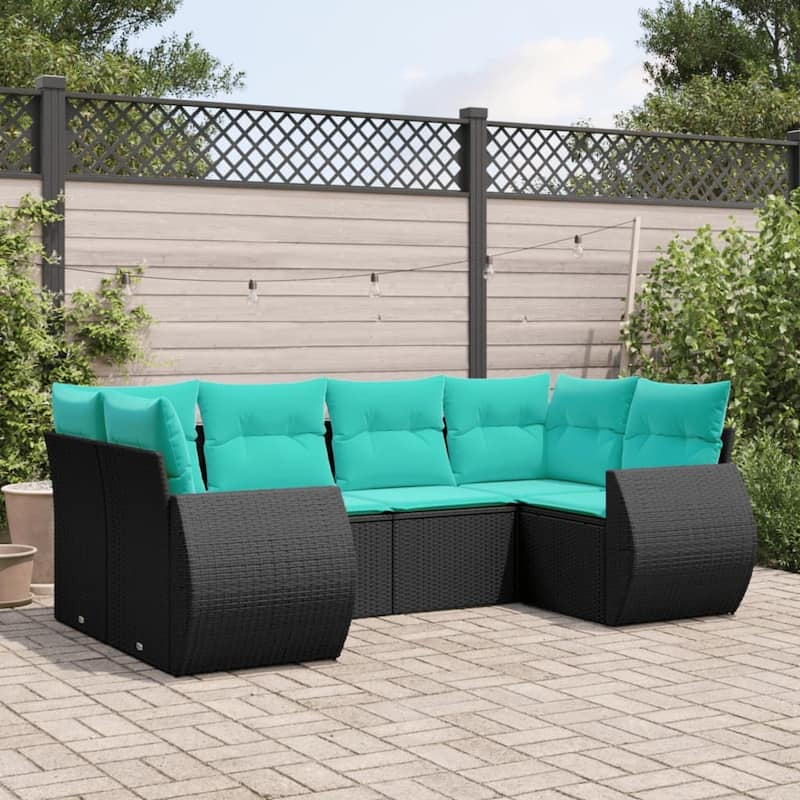 vidaXL 6 Piece Patio Sofa Set with Cushions Black Poly Rattan - 28 x 24.4 x 27.2