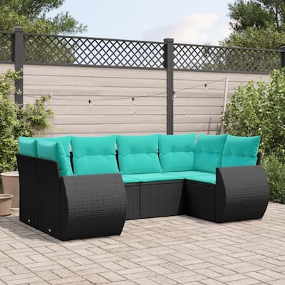 vidaXL 6 Piece Patio Sofa Set with Cushions Black Poly Rattan - 28 x 24.4 x 27.2