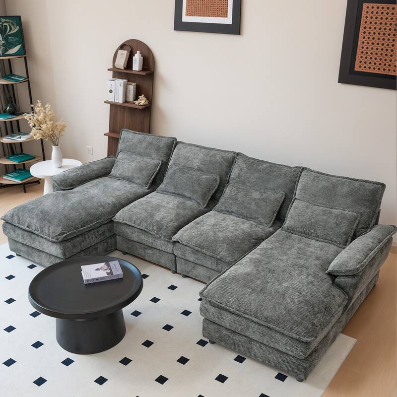 Symmetrical U-shaped Chaise Sectional Sofa, Comfy Chenille Upholstered Couch with Double Layer Seat Cushions and Waist Pillows