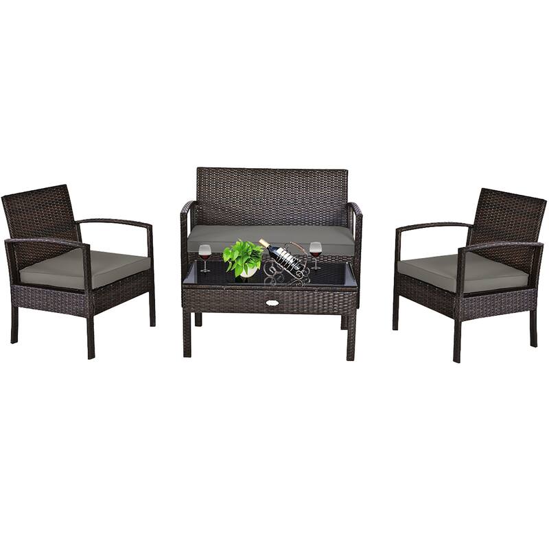 4 PCS Patio Furniture Set Rattan Chair Wicker Set - Brown