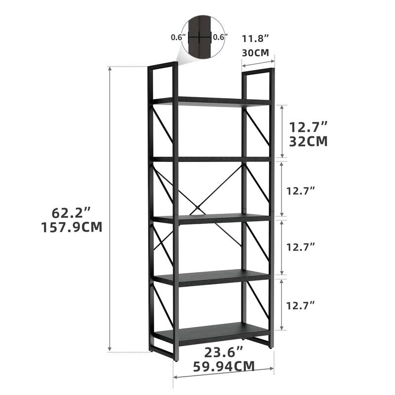 Moasis 62" Industrial Bookshelf, 5 Tier Rustic Wood Etagere Bookcase with Open Shelves