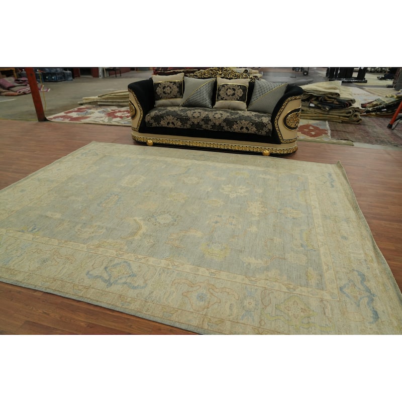 Handmade Gray Oushak Vegetable Dye Area Rug, Floral Geometric Carpet - 11' 9'' X 9' 2''