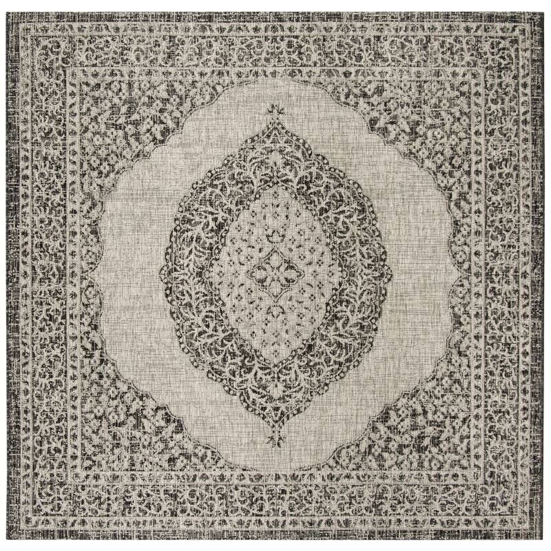SAFAVIEH Courtyard Thoma Medallion Indoor/ Outdoor Waterproof Patio Backyard Rug - 6'7" Square - Light Grey/Black