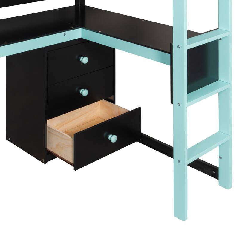 Gaming Loft Bed with Storage Stairs & Desk, Video Game Bed Wood Loft Bed Frame with Pegboard for Teens
