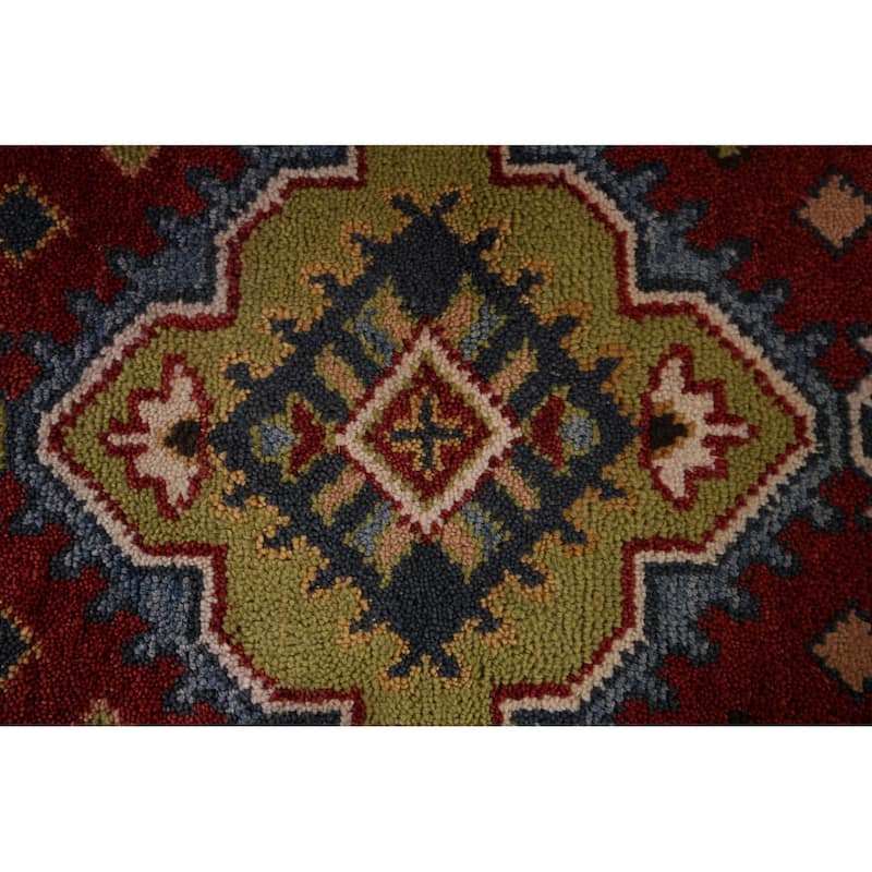 Red Geometric Kazak Oriental Runner Rug Hand-Knotted Wool Carpet - 2'7"x 8'1"
