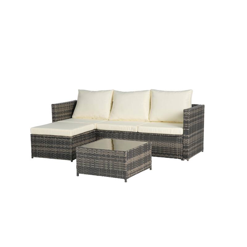 2-Pieces Outdoor Patio L-Shaped Sectional Sofa Set with Glass Coffee Table