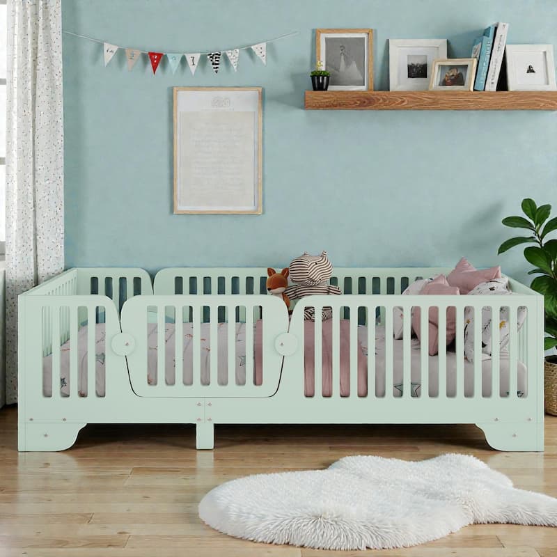 Montessori Floor Bed with Fence and Door, Kids Floor Bed Frame with Slats, No Box Spring Needed