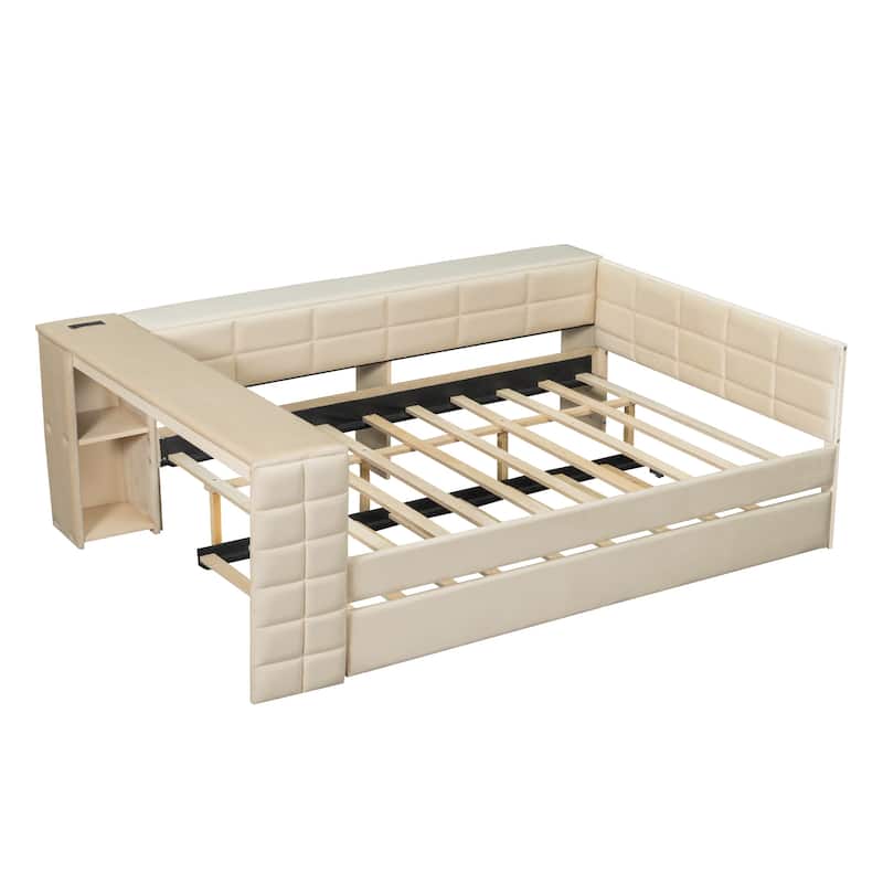 L-shaped Bed Frame with Desk,Shelves,Charging Station,and Optional Upholstered Sofa Bed with Trundle or Wood Daybed with Drawers