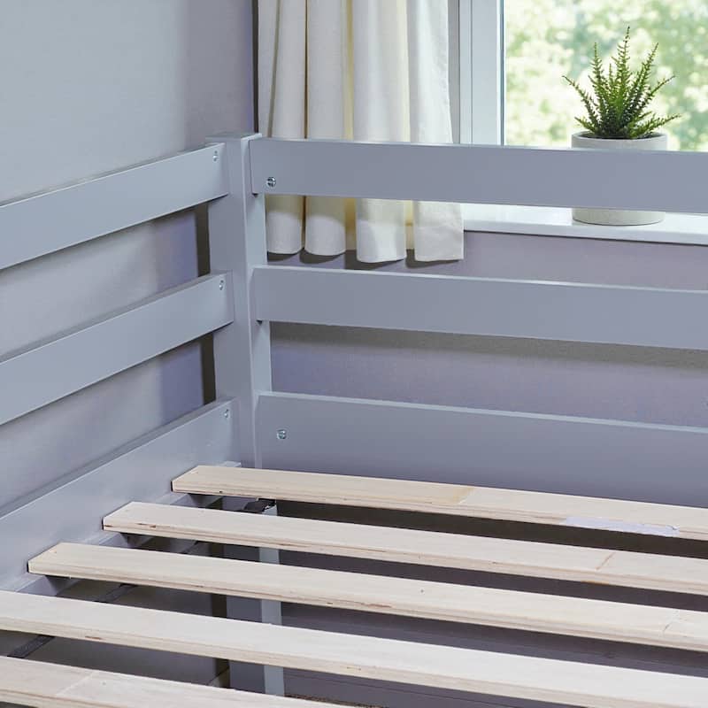 Twin Low Loft Bed with Slide and Ladder, Solid Rubber Wood Loft Bed with Guardrails and Underbed Play or Storage Space