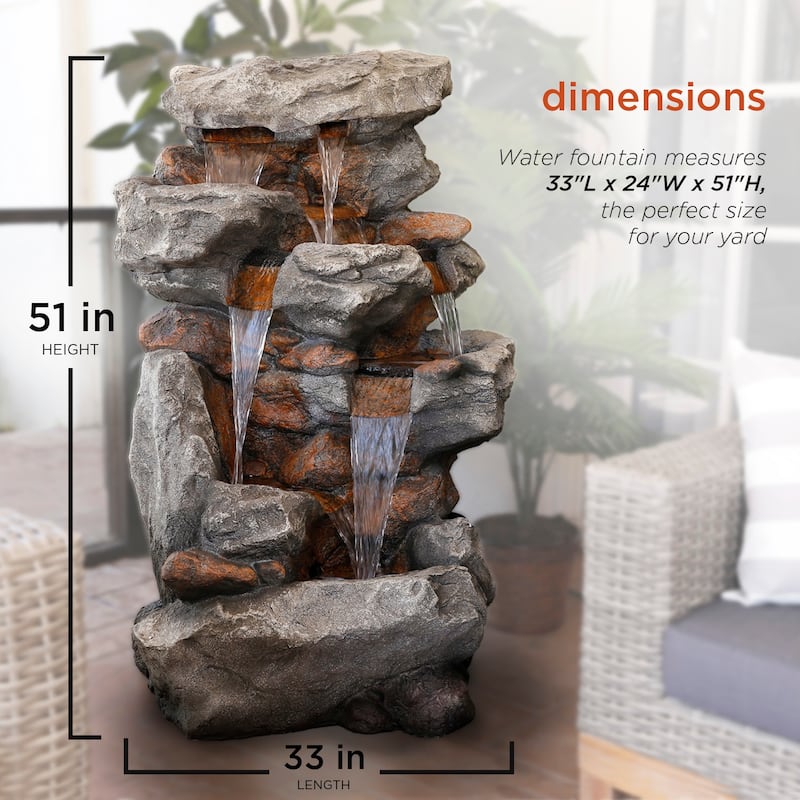 Alpine Corporation WIN730 52" Brown Outdoor Floor Tiered Rainforest Rock Fountain with LED Lights