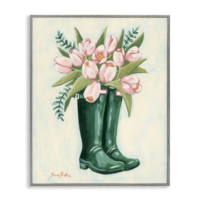 Stupell Tulips in Rain Boots Framed Giclee Art Design By Sara Baker - 11 x 14 - Grey
