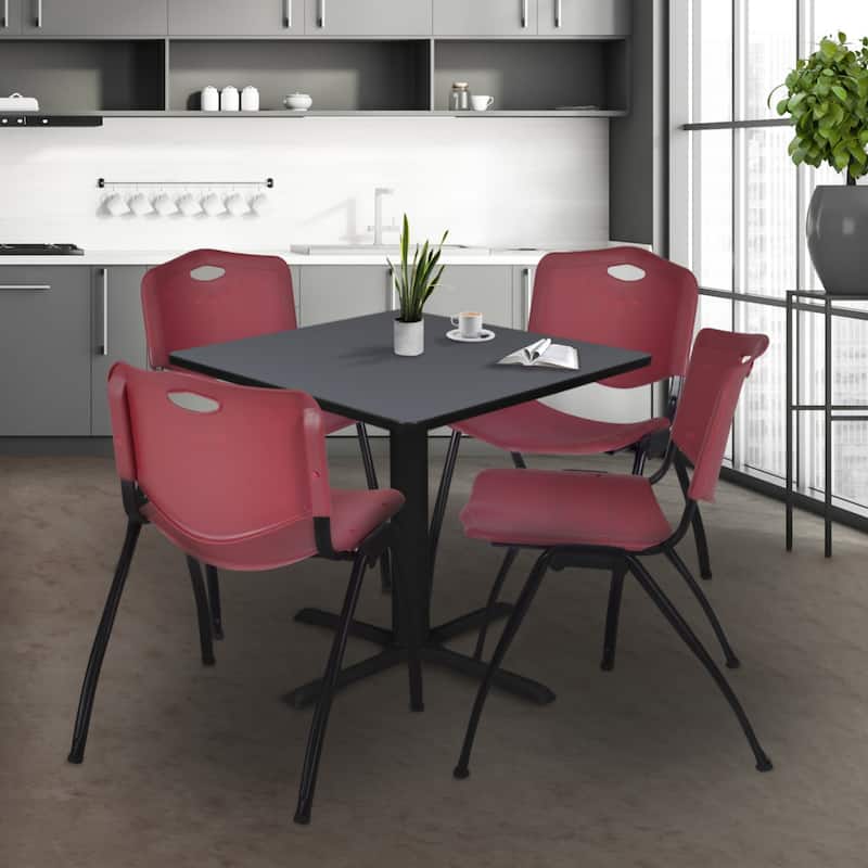 48" Square Breakroom Table- Grey & 4 'M' Stack Chairs- Burgundy - Grey, Burgundy - 48