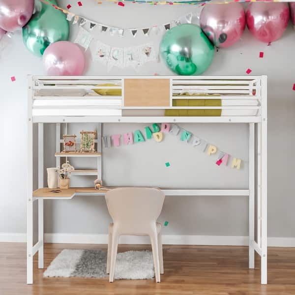 slide 2 of 26, Modern Twin Size Metal Loft Bed with Desk and Shelve For Bedroom,Dorm,Kids