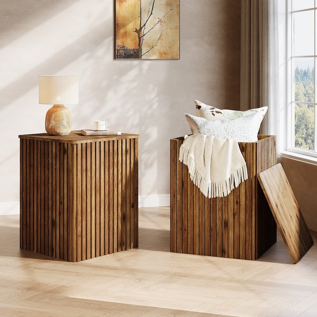 Solid Wood End Table with Storage, Fluted Bedside Table Nightstand(Set of 2) - 18.9" D x 18.9" W x 24.21" H
