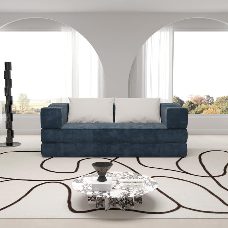 80" Convertible Sofa Bed with 2 Pillows, 2-Seat Folding Floor Couch, Multifunctional Chenille Loveseat Living Room Sleeper Sofa