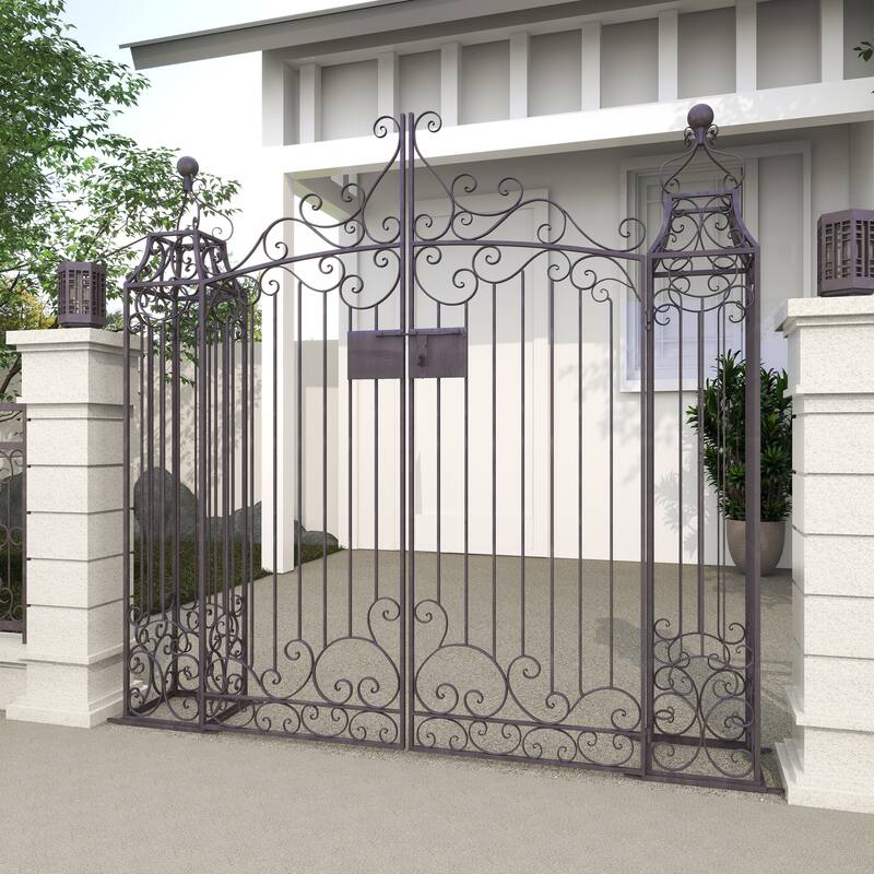 Dark Brown Metal Indoor Outdoor Scrollwork Arched Gate Garden Arbor with Pillars and Latch Lock Closure