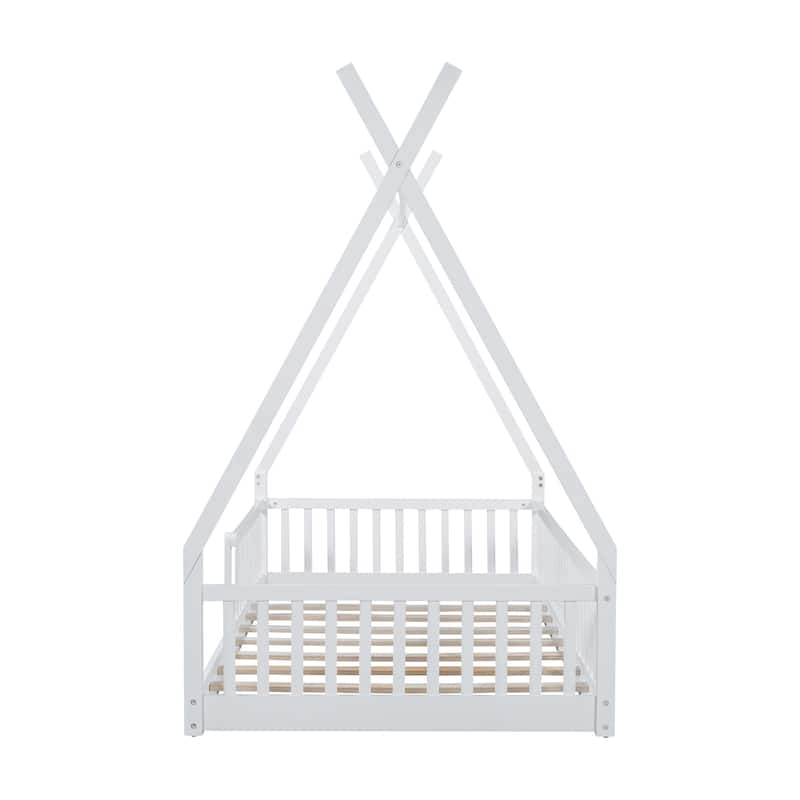 Twin Size Floor Bed, Platform Bed Frame with Fence and Roof, Solid Wood Playhouse Bedframe w/Open Door, No Box Spring Needed