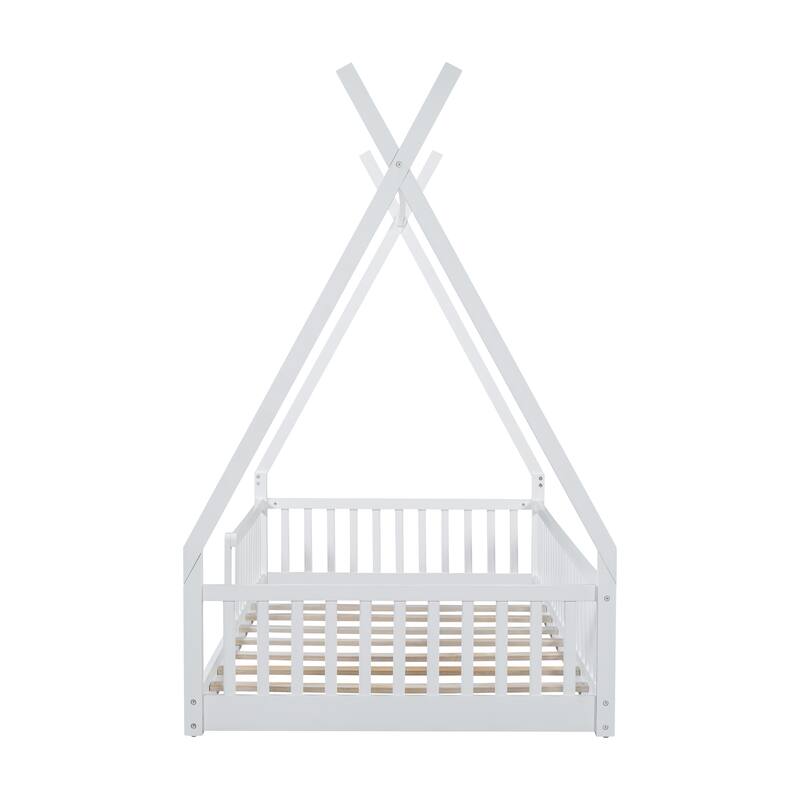 White Twin Size House-Shaped Wood Bed with Fence and Distressed Design