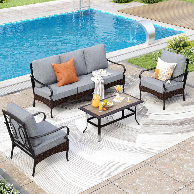 MAISON ARTS 4-Piece Rattan Wicker Patio Furniture Set with Swivel Chairs, Metal Frame & Coffee Table for Outdoor Spaces - Fixed Chair - Grey