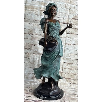 Signed Bronze Sculpture Statue Of A Young Woman Holding Basket Of Fruits