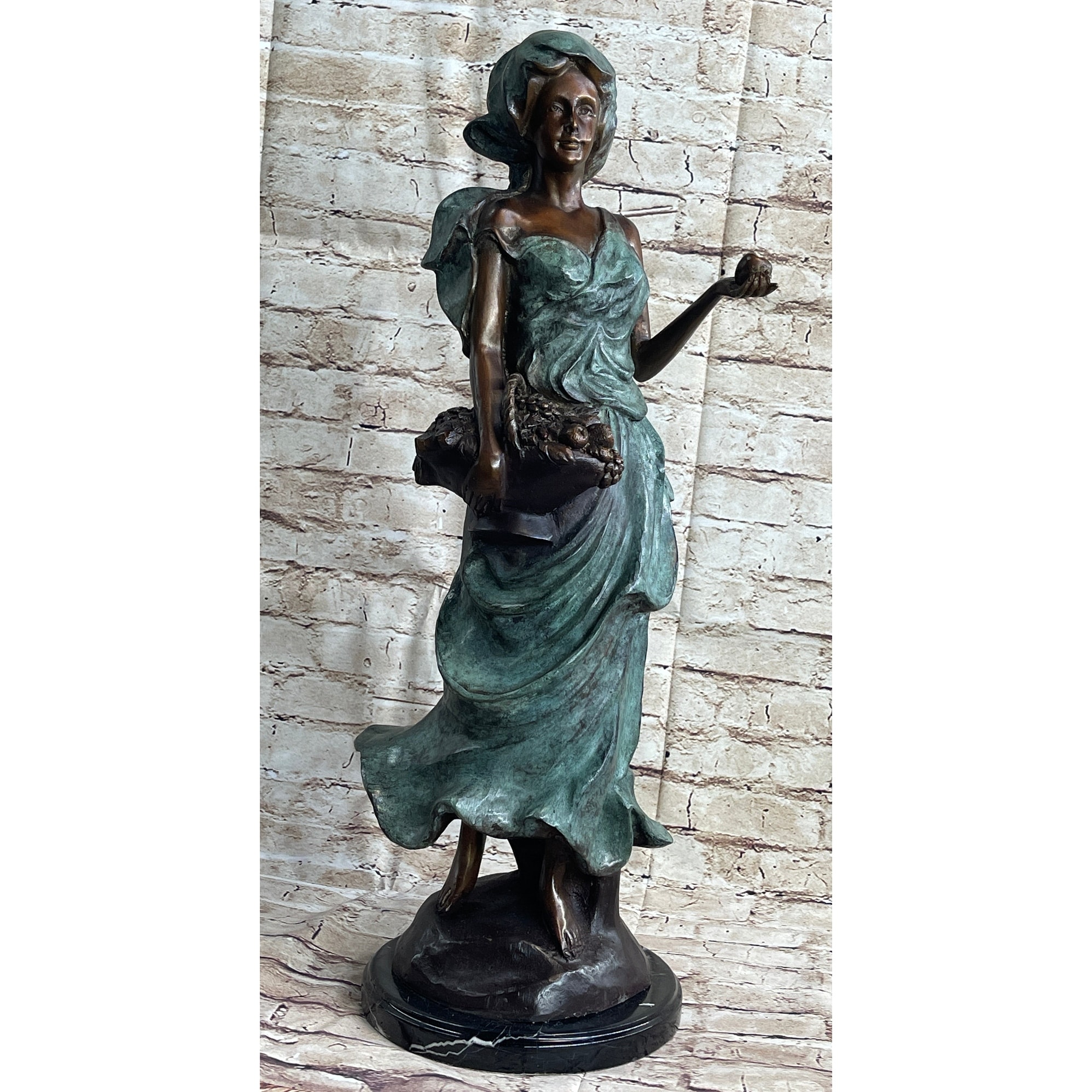 Signed Bronze Sculpture Statue Of A Young Woman Holding Basket Of Fruits