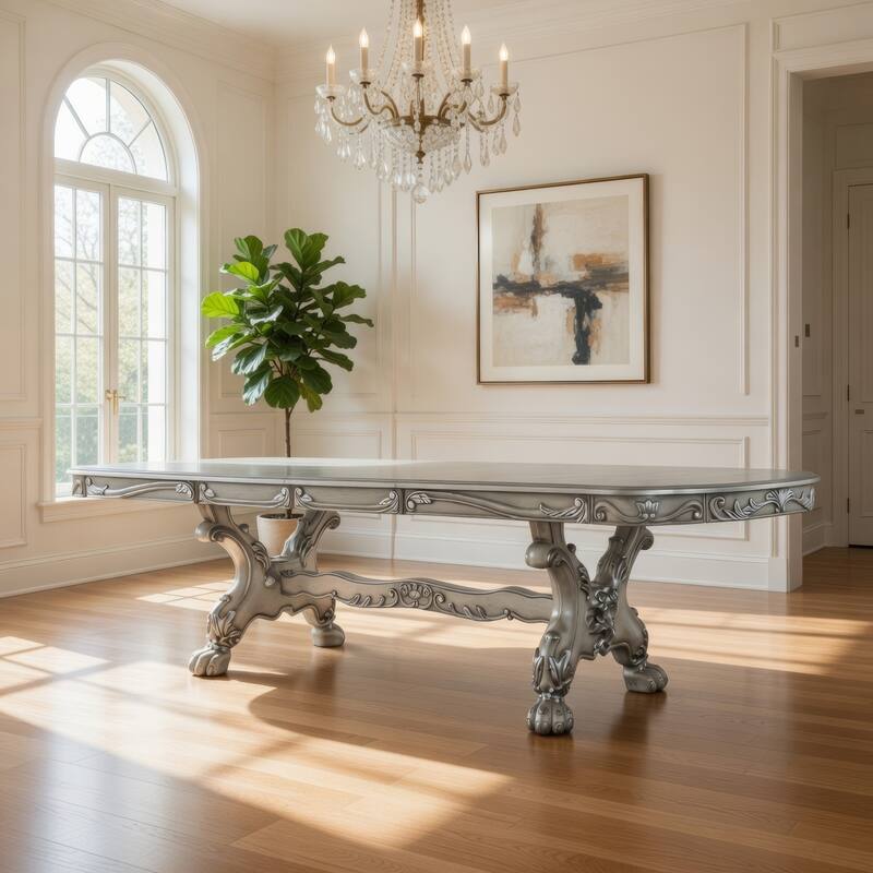 Dining Table with Scrolled Motifs and Claw Feet, Silver