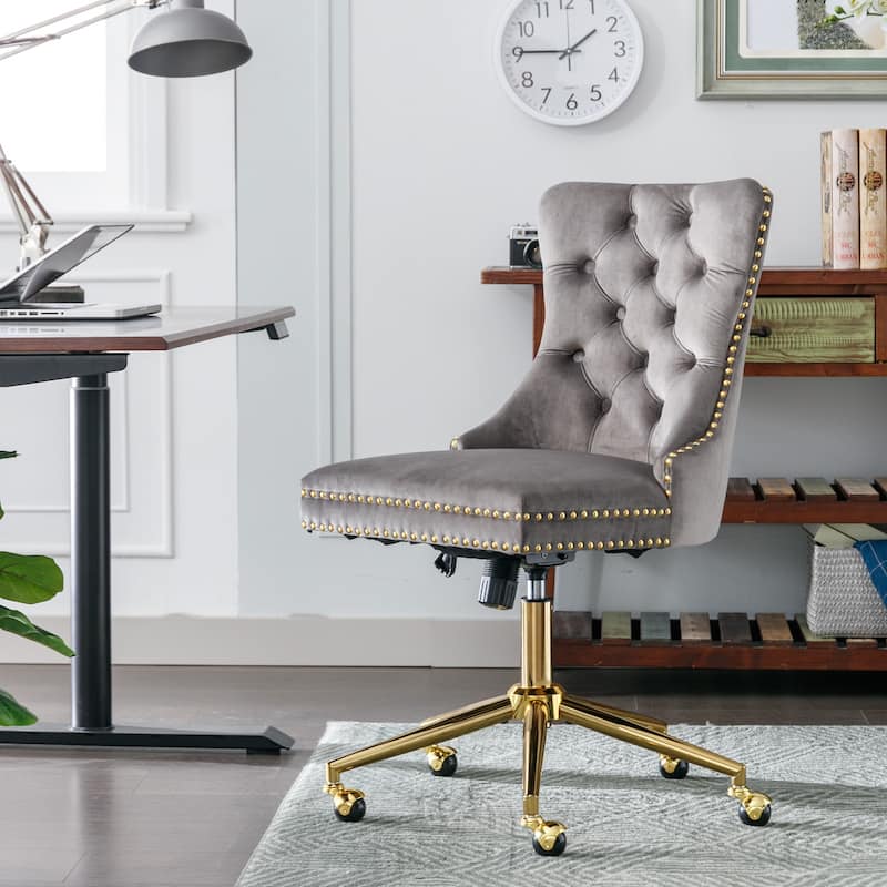 Roomfitters Velvet Tufted Office Chair, Adjustable Swivel Desk Chair with Gold Metal Base, Nailhead Trim Vanity Chair - Grey