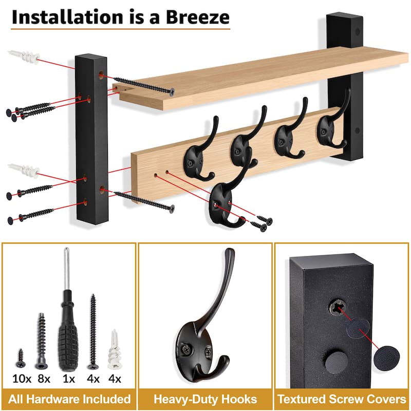 Sorbus Coat Hooks Wall Mount Floating Shelf with 5 Heavy Duty Hooks, Large and Extra Large