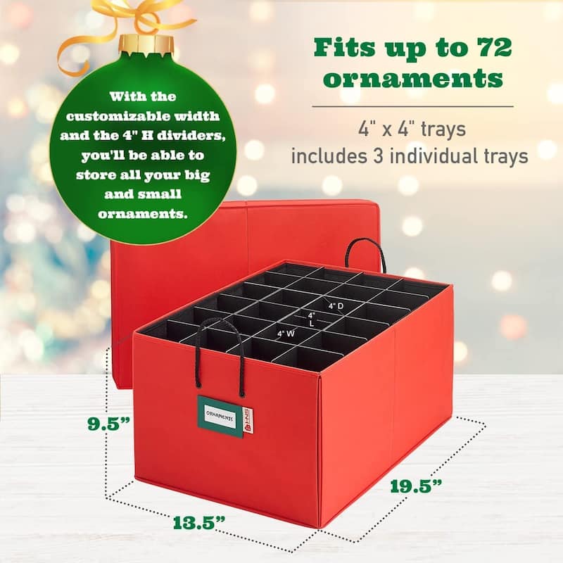 Christmas Ornament Storage Container Box with Dividers - Stores up to 72- 4" Ornaments - 3 Removable Trays with Separators.