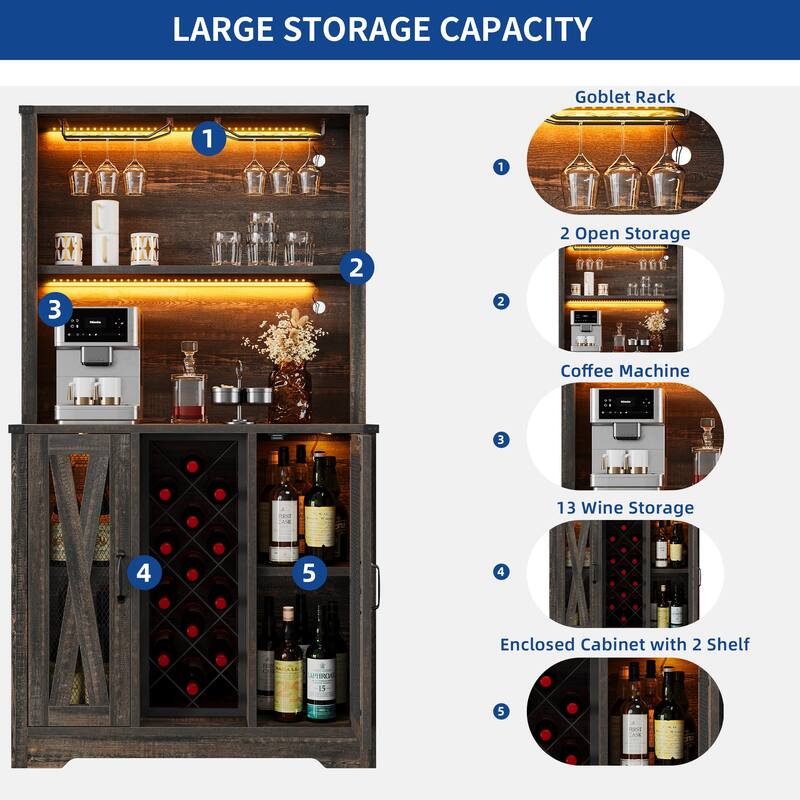 Moasis Bar Cabinet with Wine Rack LED Lights, Sideboard Buffet Storage Cabinet