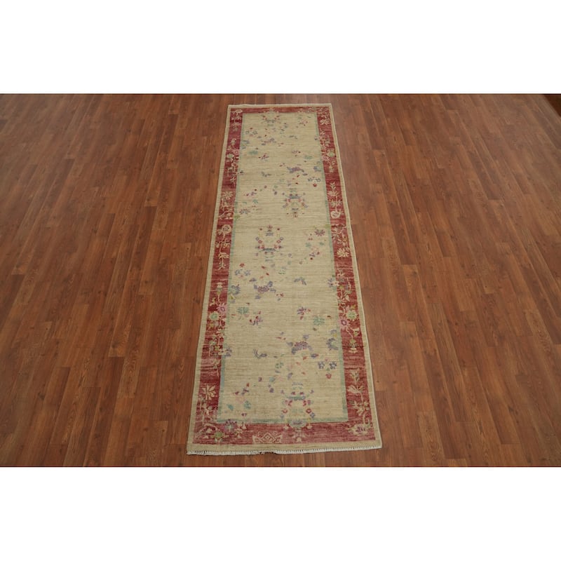 Hand Knotted Oriental 100% Wool Carpet Traditional Floral Beige & Ivories Ziegler Runner Rug - 8' 3'' X 2' 7''