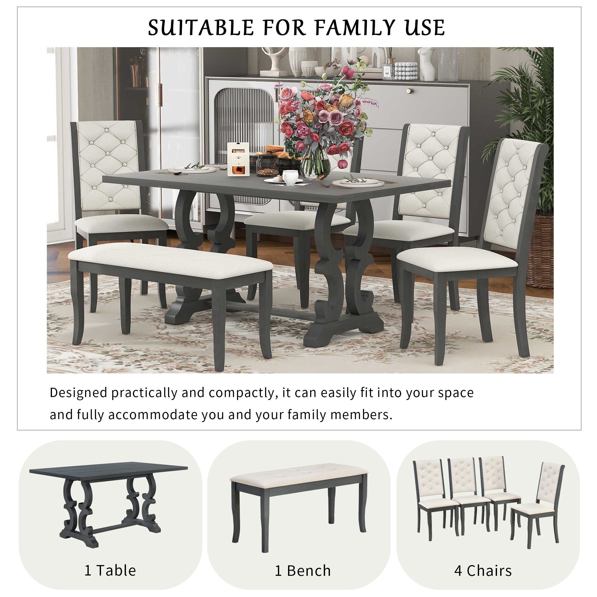 Modern Vintage 6-Piece Dining Set with Rectangular Dining Table and Tufted  Dining Chairs & Bench Seating, for Dining Room