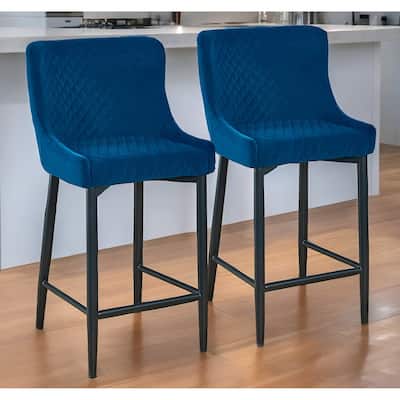 HomeRoots Set of Two 26" Blue and Black Velvet and Metal Low Back Counter Height Bar Chairs
