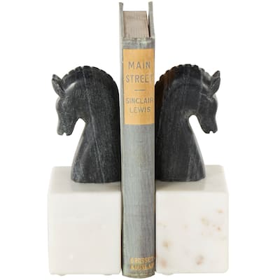 Marble Horse Distressed Bookends with White Block Bases - Set of 2 Black - Roche River Decor