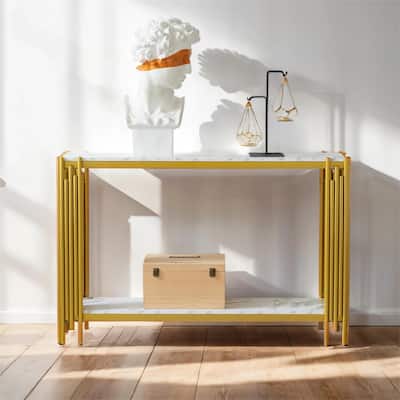 2 Tier Faux Marbling Console Table, Entryway Table w/ Adjustable Feet