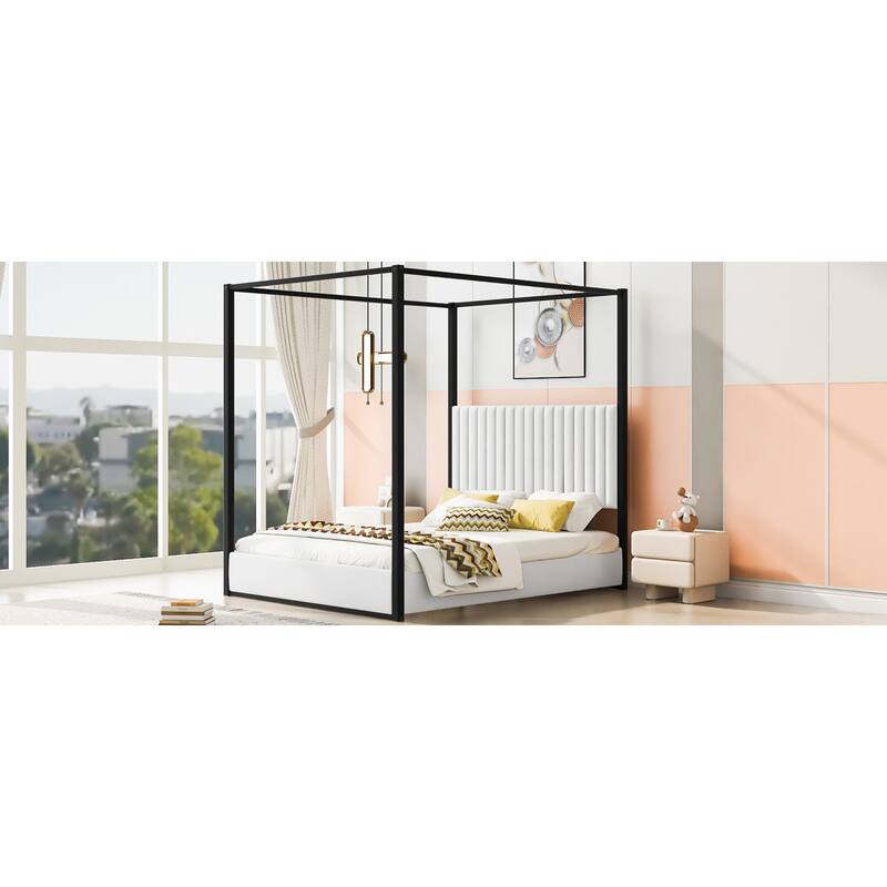 Roomfitters Queen Canopy Platform Bed with Velvet Upholstered Headboard, Metal Frame, White