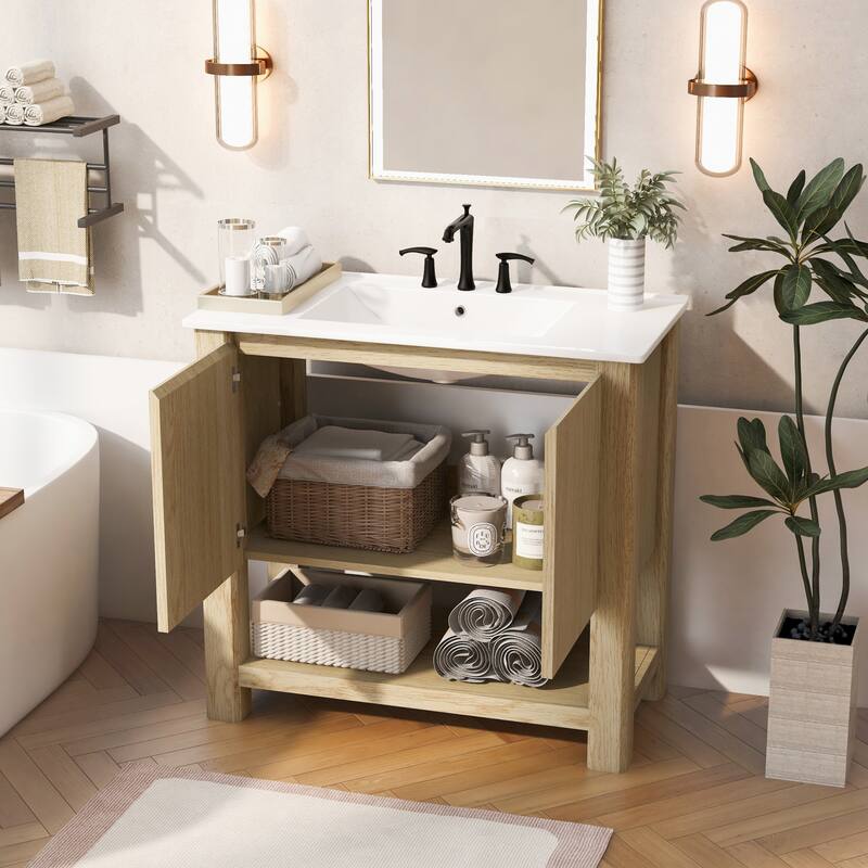 Bathroom Vanity with Ceramic Sink, Bathroom Cabinet with Soft-Closing Doors, Freestanding Cabinet with Open Shelf