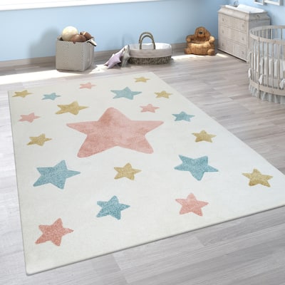 Nursery Rug with Stars for Kids Room Starry Sky in Grey and Cream