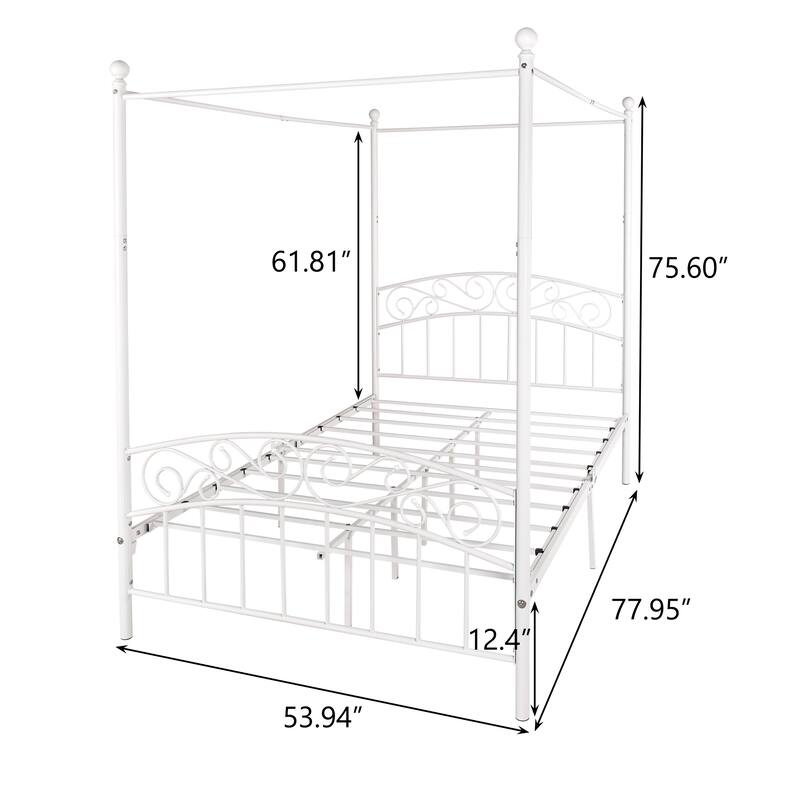 Metal Canopy Bed Frame with Ornate European Style Headboard & Footboard