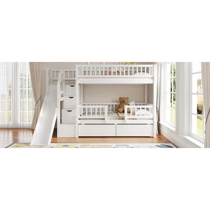 Roomfitters Twin Over Twin Bunk Bed with Slide, Storage Staircase and Drawers