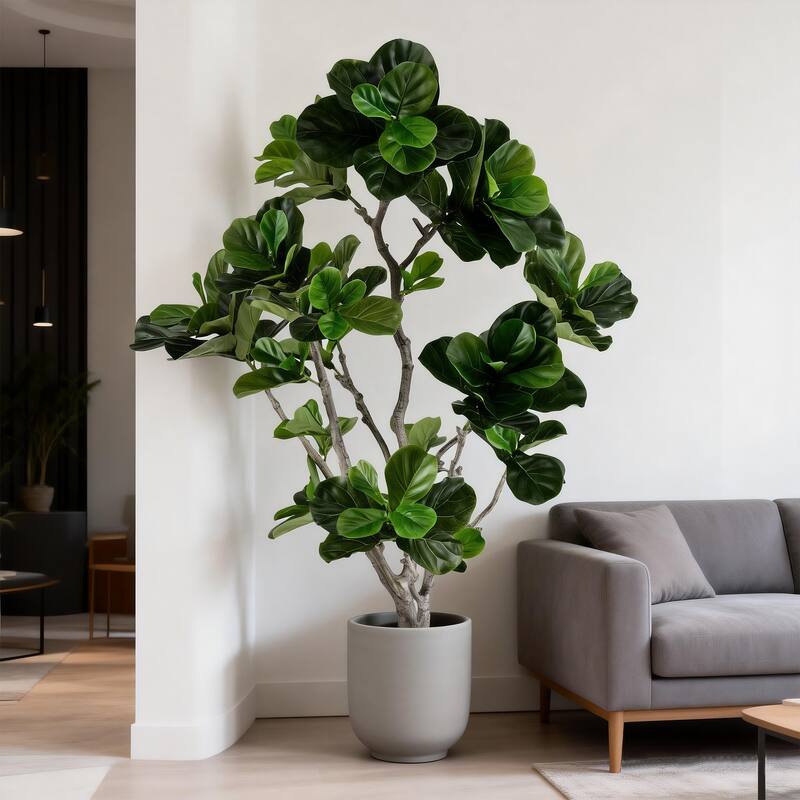 Artificial Fiddle Leaf Fig Tree - 2 Variants (4ft/5.75ft), Faux Green Plant in Black Plastic Pot, Indoor Low-Maintenance Decor
