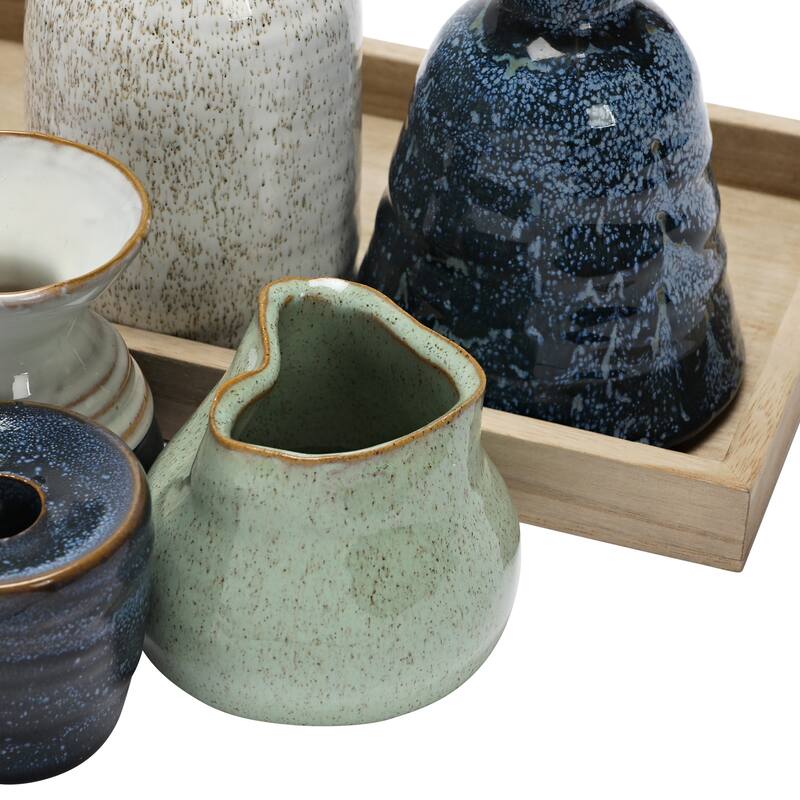 Mango Wood Tray with Candle Holders and Vases