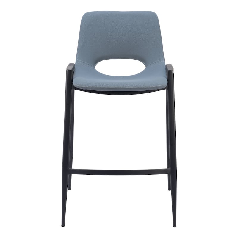 Set of Two 26" Blue And Black Faux Leather And Steel Low Back Counter Height Bar Chairs