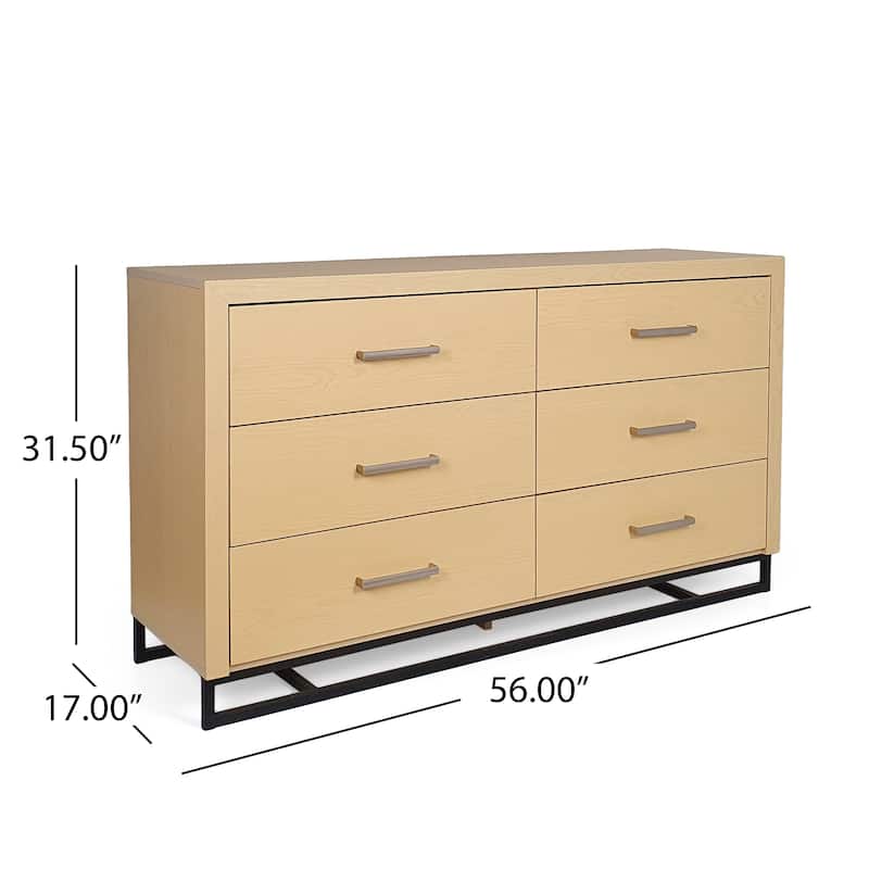 Roomfitters 6-Drawer Modern Wood Storage Dresser with Metal Base, Wide Chest of Drawers for Bedroom or Living Room