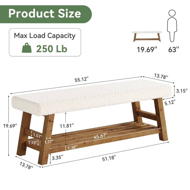 55 Inch Upholstered Entryway Bench with Cushion, Solid Wood Shoe Rack Bench with Shelf for Bedroom, Kitchen, Dining Room