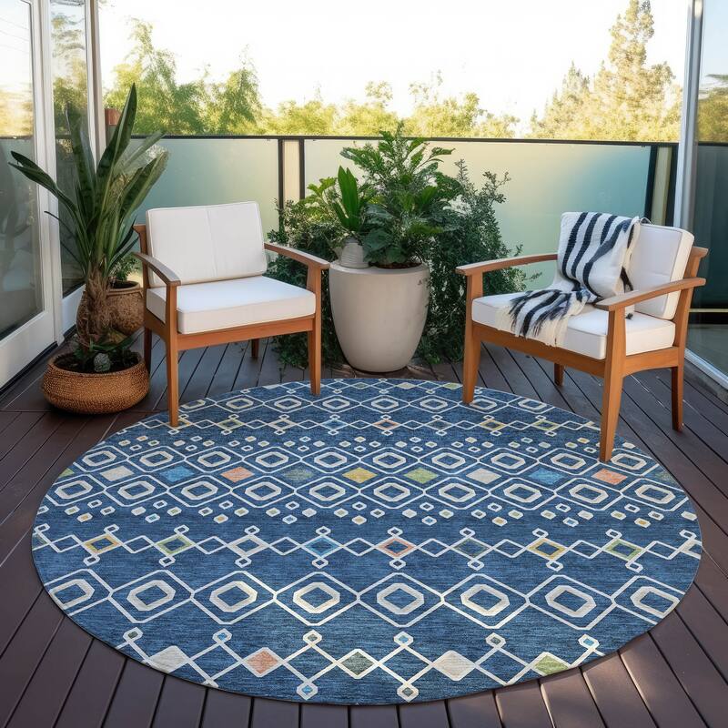 Machine Washable Indoor/ Outdoor Global Contempory Chantille Rug - Navy - 8' x 8'