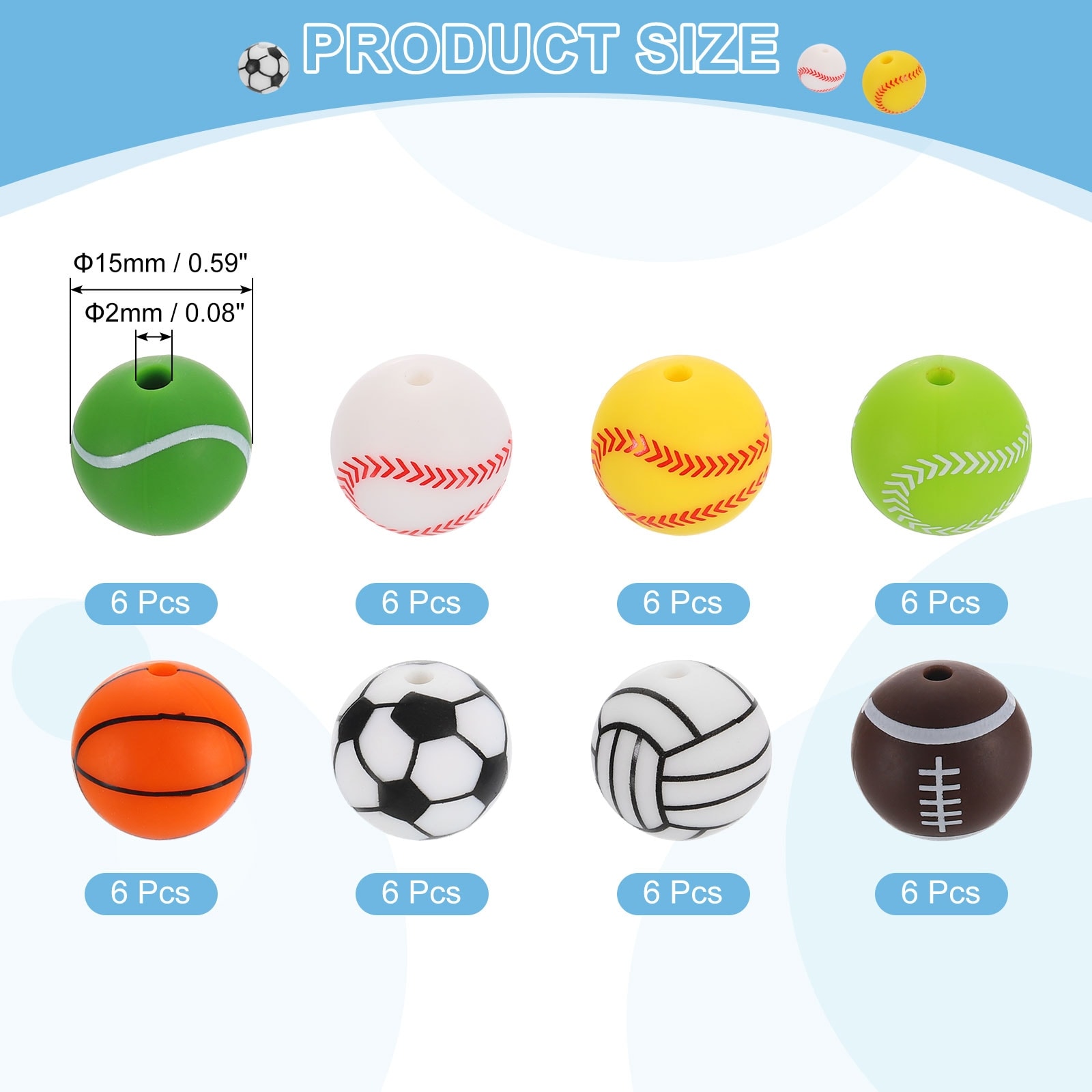 Sports Ball Beads, Silicone Round Spacer Focal Bead,, - 8 Styles