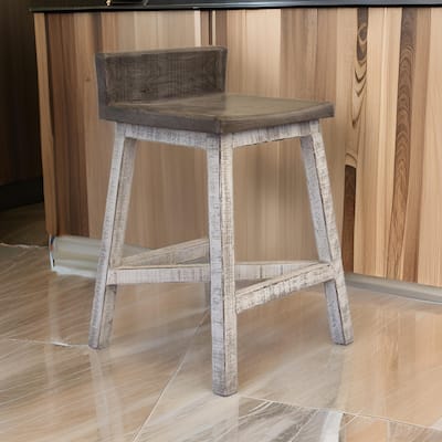 Suga 24 Inch Counter Height Stools, Set of 2, Farmhouse, Solid Pine Wood, Ivory, Gray