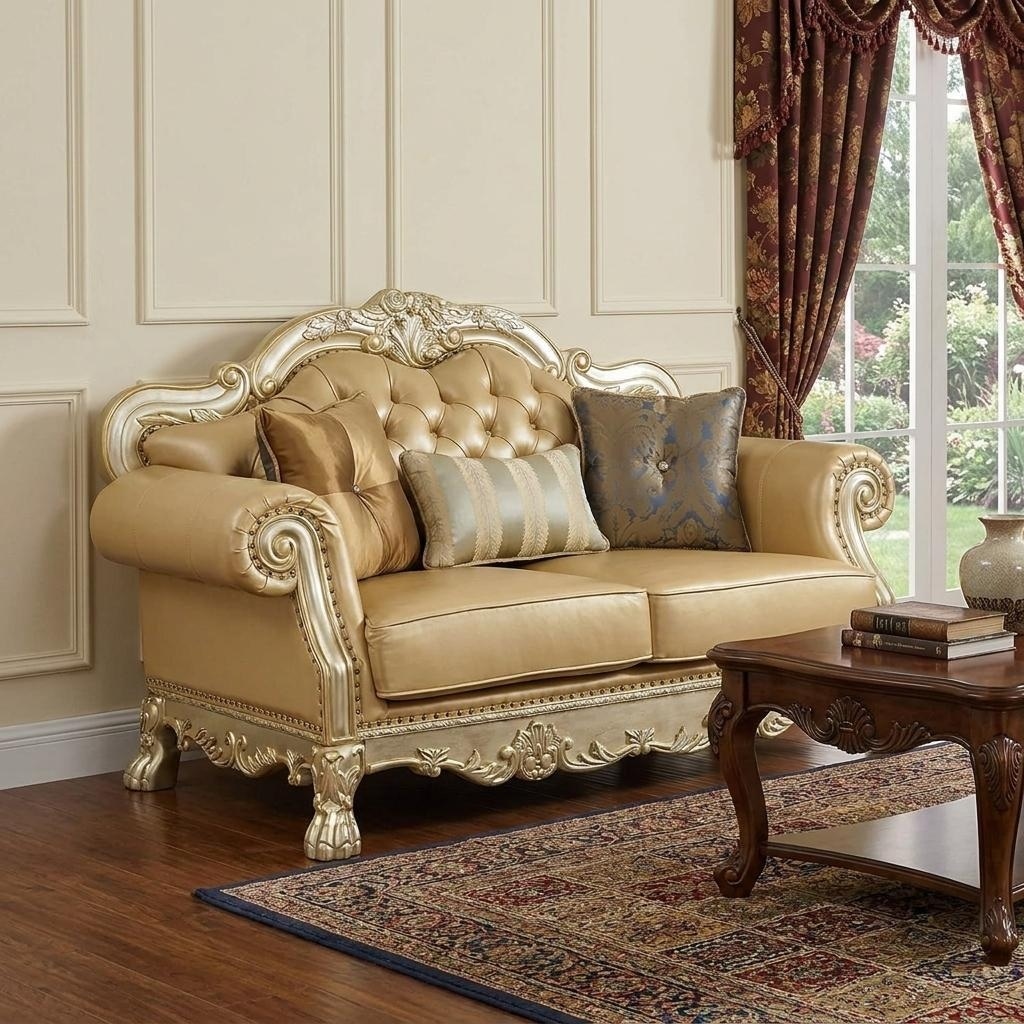 HomeRoots 64" Bone And Gold Faux Leather Loveseat and Toss Pillows - 64.00 in. x 43.00 in. x 38.00 in.
