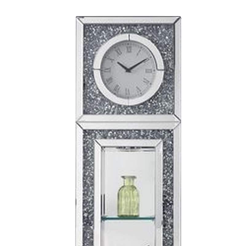 Mirrored Grandfather Clock with 1 Drawer and Faux Diamonds, Silver